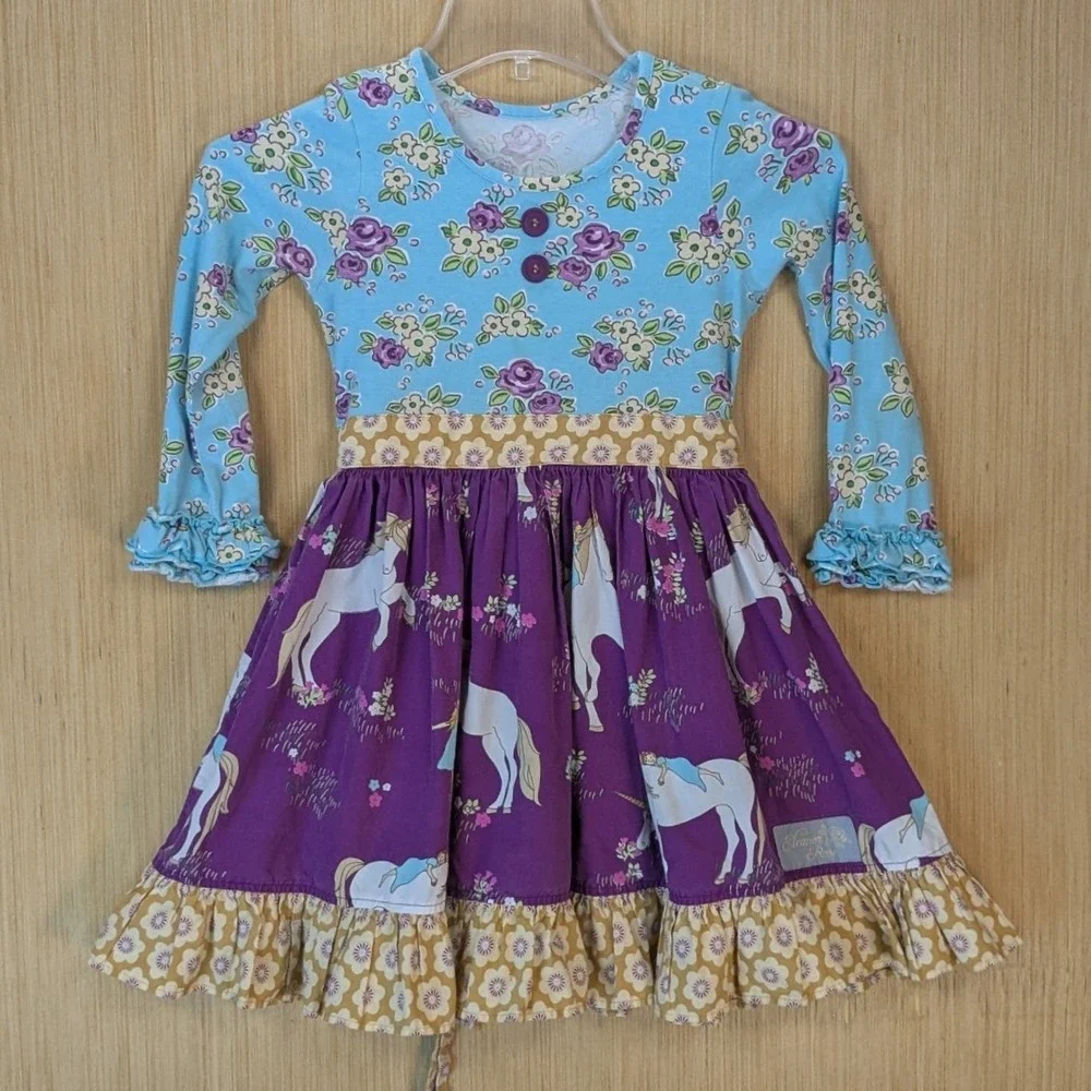 Eleanor Rose Girls‎ Unicorn Whimsical Floral Dress Purple Blue 6-7 Long Sleeve